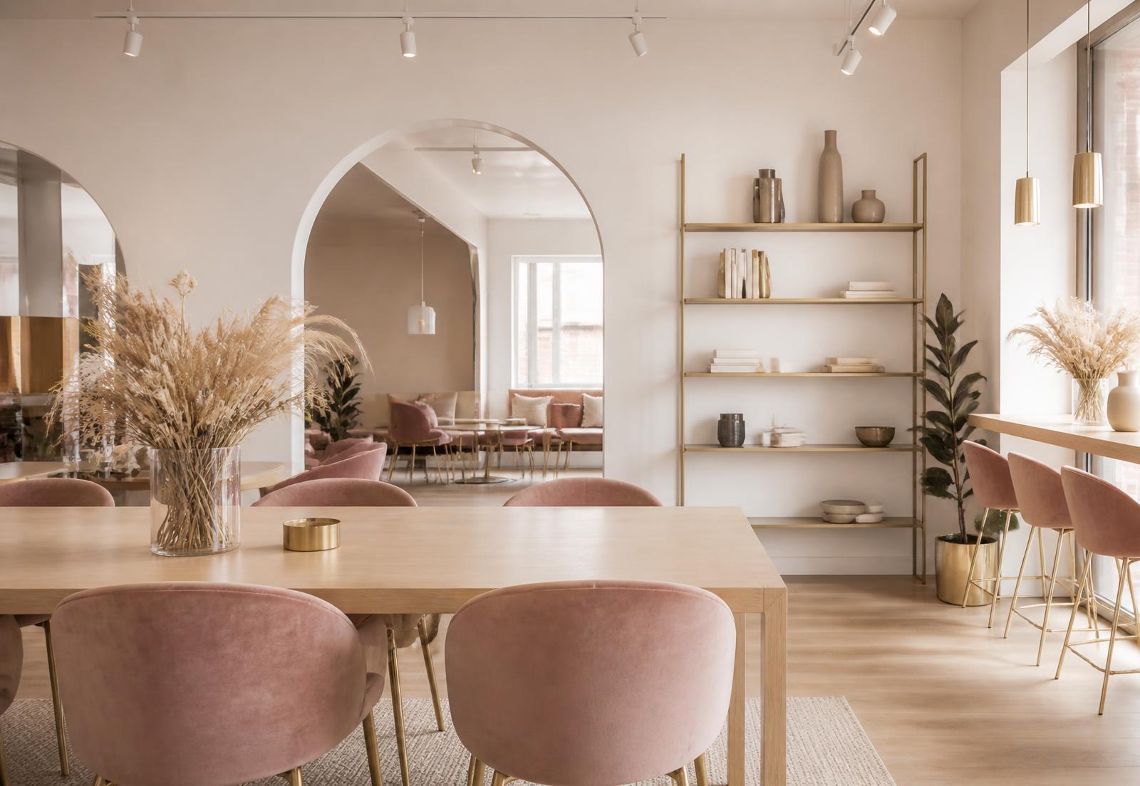 The Dream to Reality space in Stockholm, with blush chairs and a long wooden table